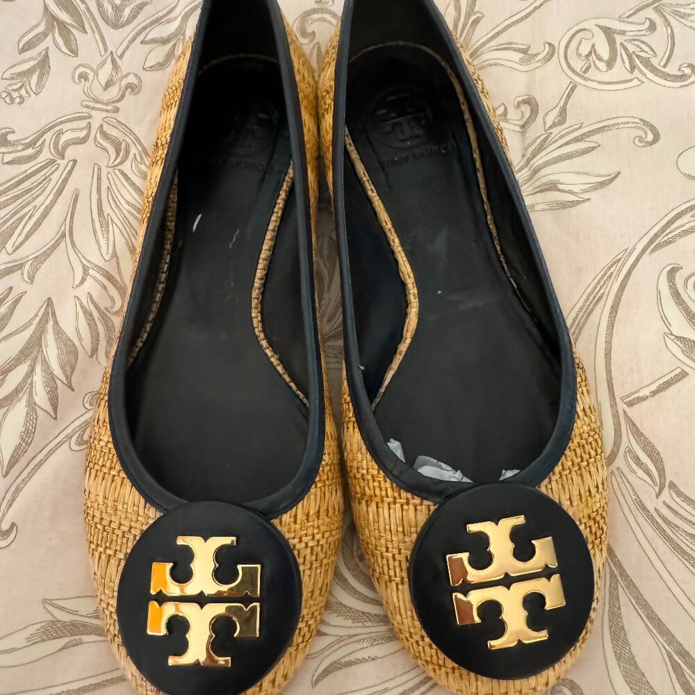 Tory Burch wicker flats with leather trim